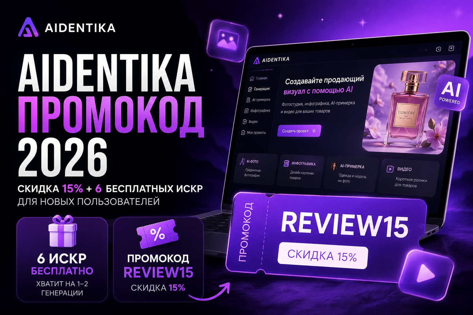 Aidentika промокод 2026: как получить скидку 15% и бесплатные искры
